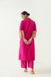 Mira: Silk stripe tissue straight kurta - Hot Pink