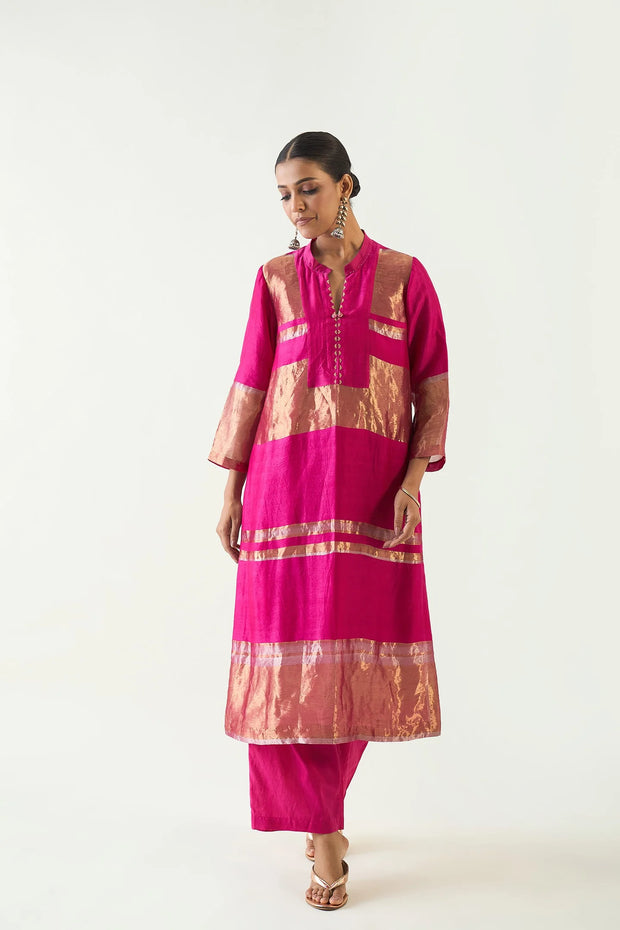 Mira: Silk stripe tissue straight kurta - Hot Pink