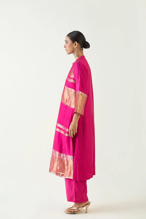 Mira: Silk stripe tissue straight kurta - Hot Pink