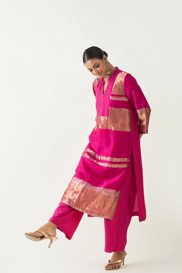 Mira: Silk stripe tissue straight kurta - Hot Pink