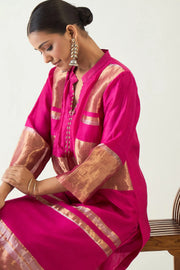 Mira: Silk stripe tissue straight kurta - Hot Pink