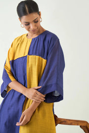 Jeeva: Cotton Silk colour block check sequin tunic set- Purple/Mustard