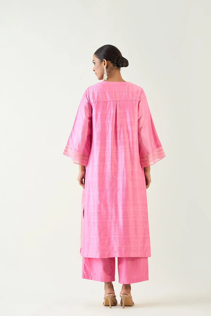 Kaya: Zari Stripe and Silk Patch Kurta set - Candy Pink and Gold