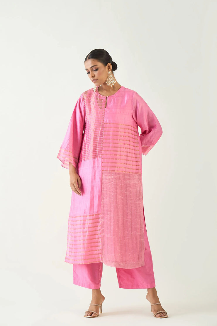 Kaya: Zari Stripe and Silk Patch Kurta set - Candy Pink and Gold