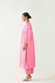 Kaya: Zari Stripe and Silk Patch Kurta set - Candy Pink and Gold