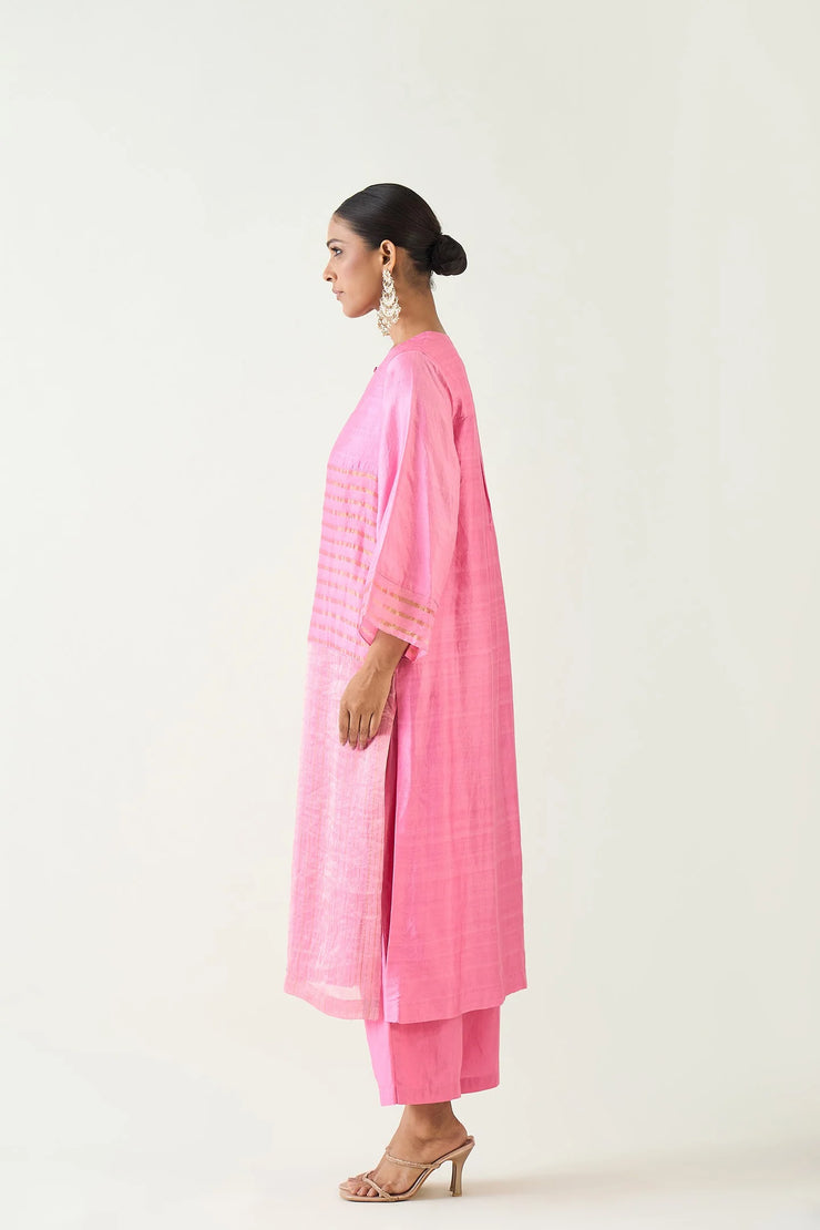 Kaya: Zari Stripe and Silk Patch Kurta set - Candy Pink and Gold