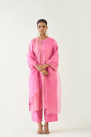 Kaya: Zari Stripe and Silk Patch Kurta set - Candy Pink and Gold