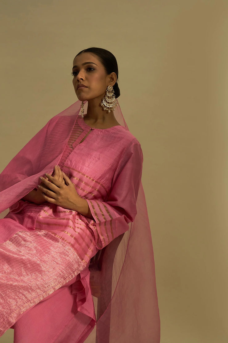 Kaya: Zari Stripe and Silk Patch Kurta set - Candy Pink and Gold