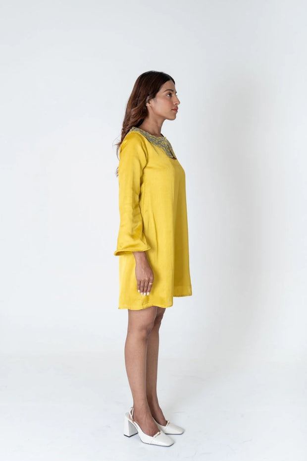 Yellow-Green Braided Collar Short Dress