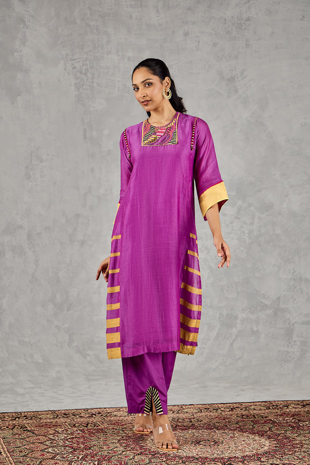 PURPLE ABSTRACT EMBROIDERY FRONT OPEN PANT