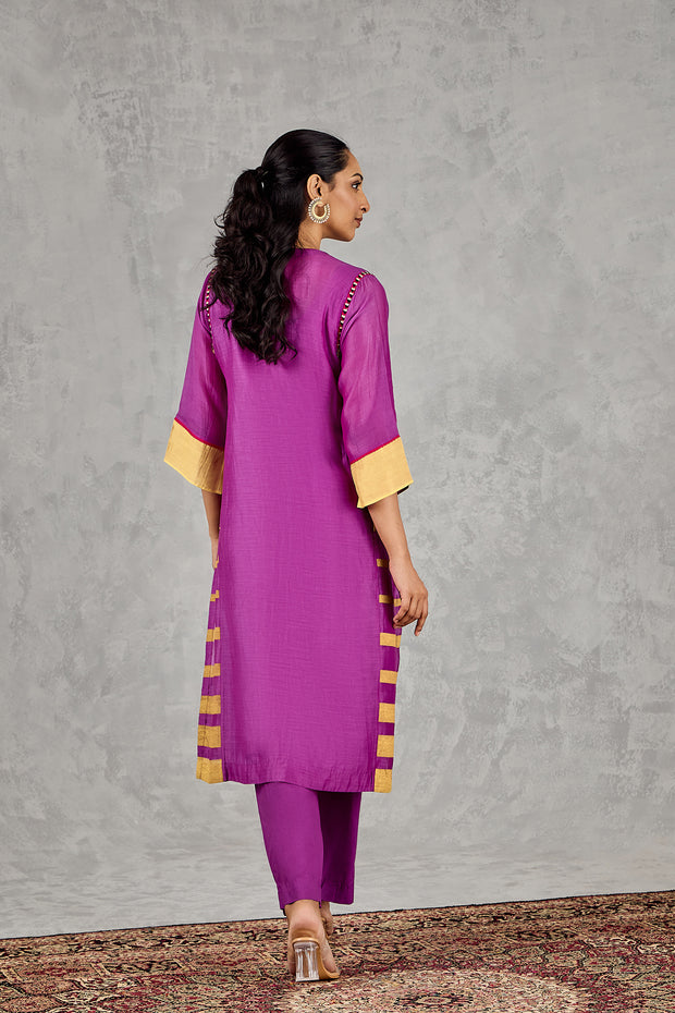 PURPLE SHORT ABSTRACT EMBROIDERY YOKE KURTA SET