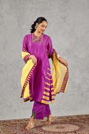 PURPLE SHORT ABSTRACT EMBROIDERY YOKE KURTA SET