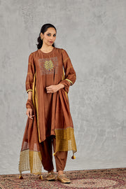 BROWN MUSTARD OLIVE SMOCKING DUPATTA