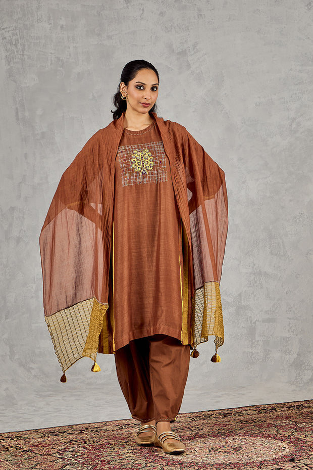 BROWN MUSTARD OLIVE SMOCKING DUPATTA
