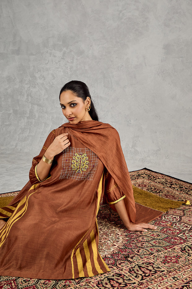BROWN MUSTARD OLIVE SMOCKING DUPATTA