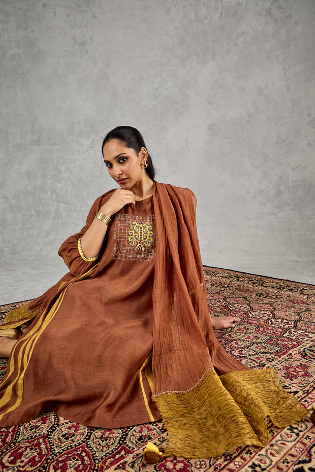BROWN MUSTARD OLIVE SMOCKING DUPATTA
