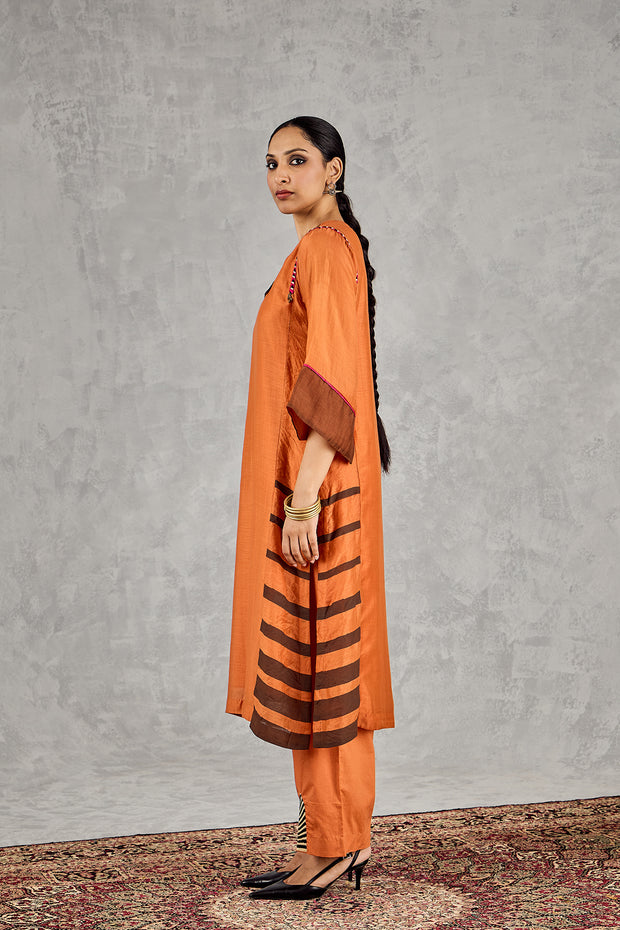 BURNT ORANGE SHORT ABSTRACT EMBROIDERY YOKE KURTA SET