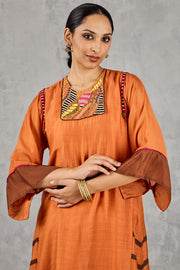 BURNT ORANGE SHORT ABSTRACT EMBROIDERY YOKE KURTA