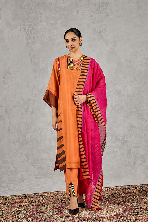 BURNT ORANGE SHORT ABSTRACT EMBROIDERY YOKE KURTA SET