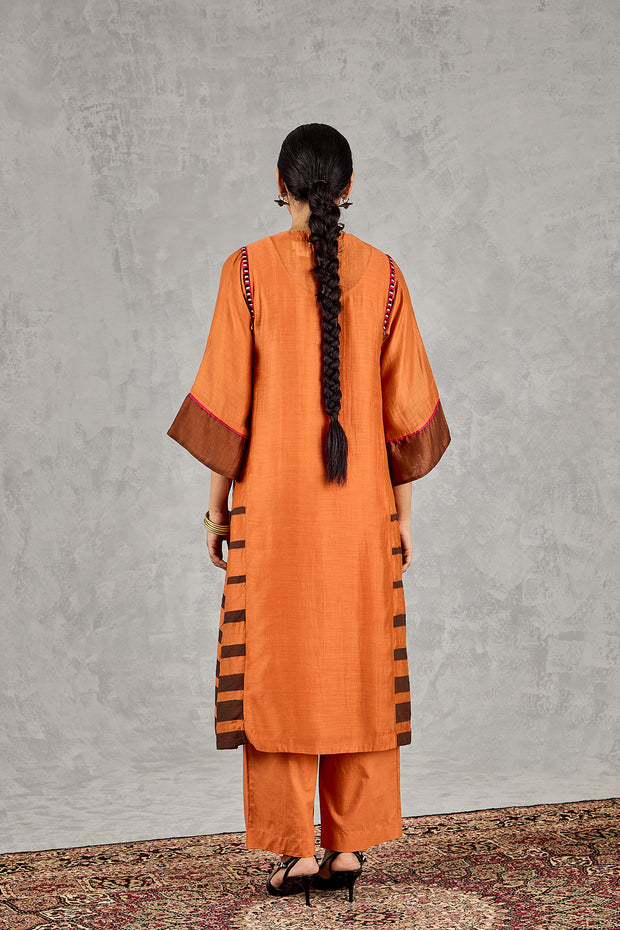 BURNT ORANGE SHORT ABSTRACT EMBROIDERY YOKE KURTA SET