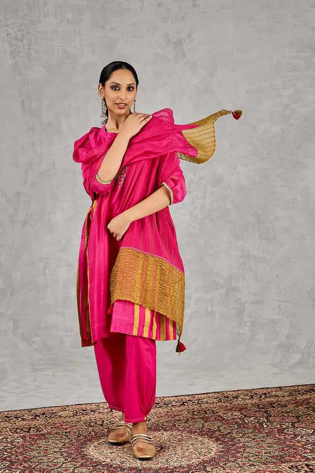 HOT PINK MUSTARD OLIVE SMOCKING DUPATTA