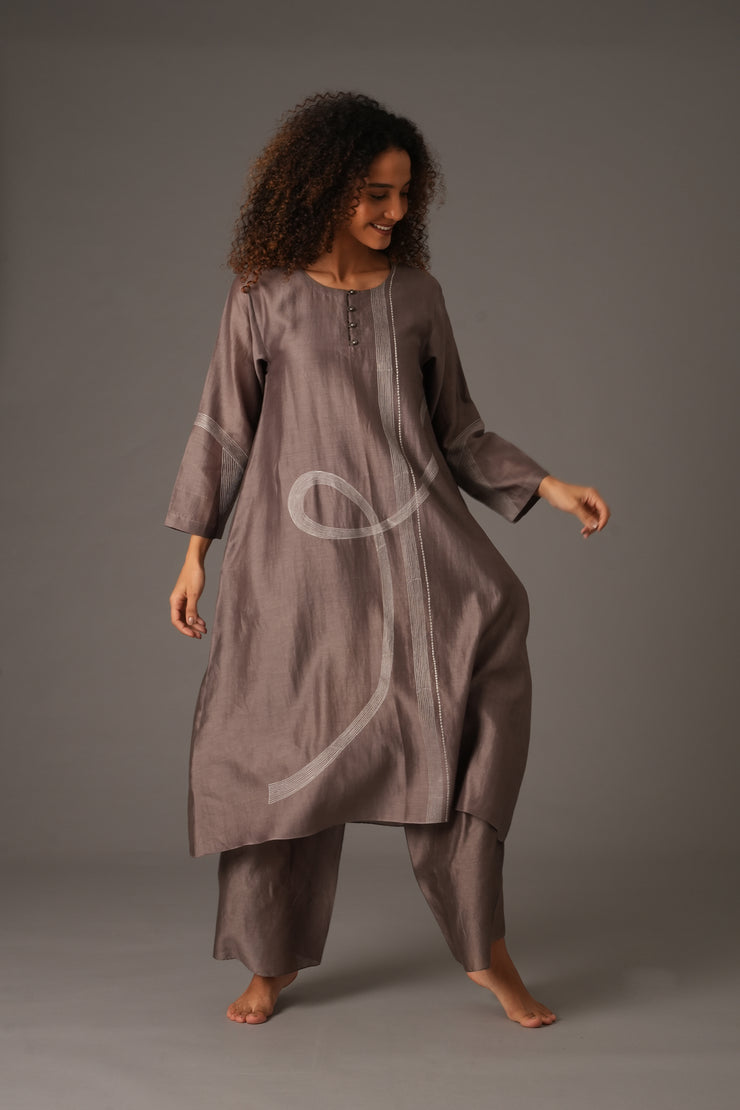 Greige Round Neck Embroidery Dress With pant