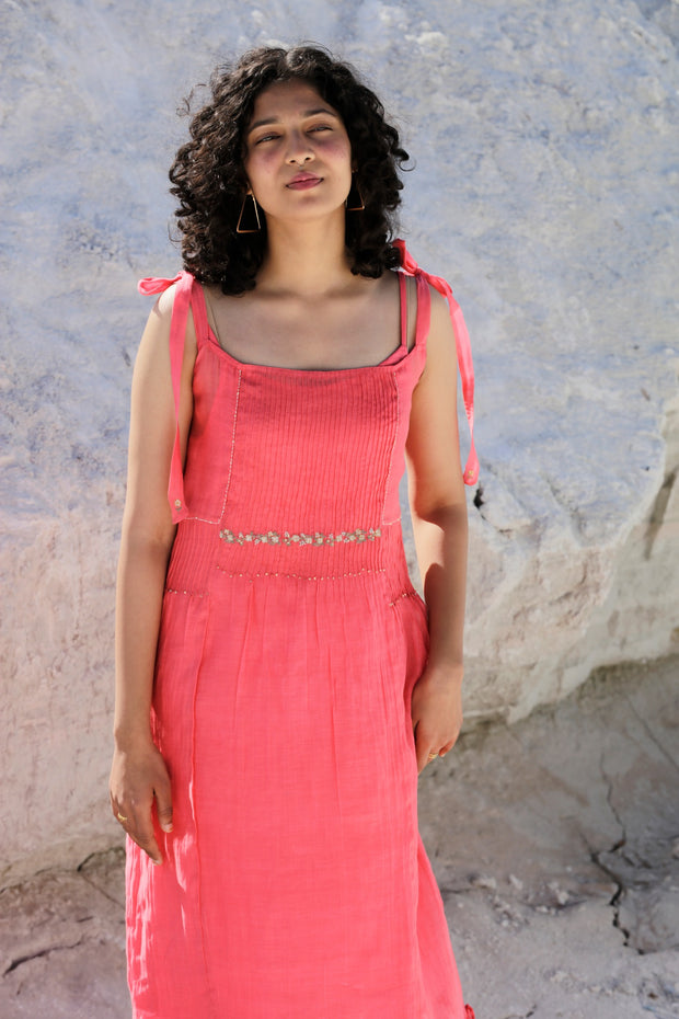 Coral Embroidered Chanderi Dress with Slip