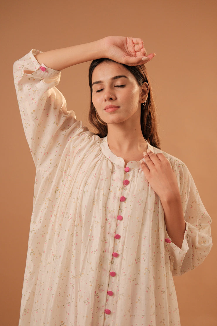 Ivory printed gathered kurta