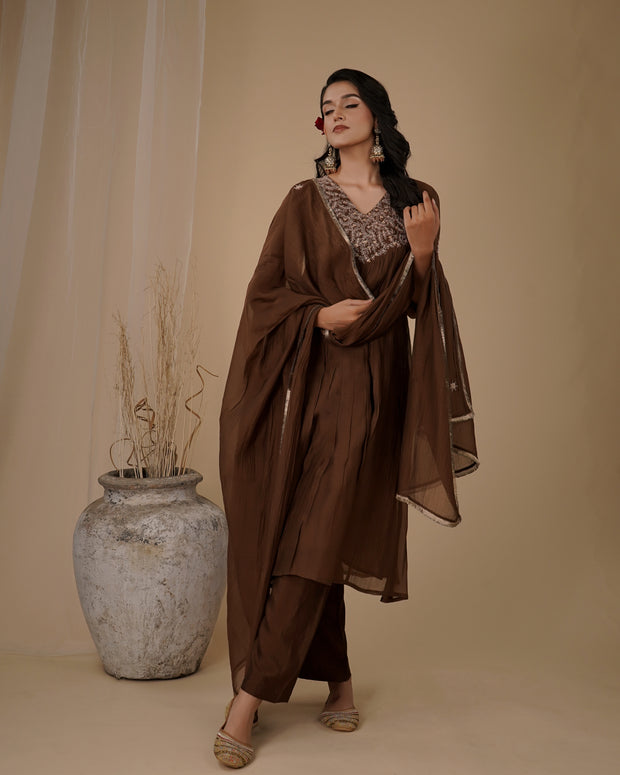 Brown Pleated Yoke Kurta set