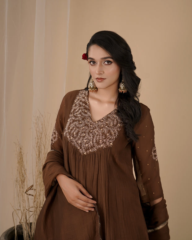 Brown Pleated Yoke Kurta set