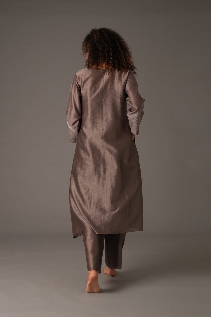 Greige Round Neck Embroidery Dress With pant & Scraff