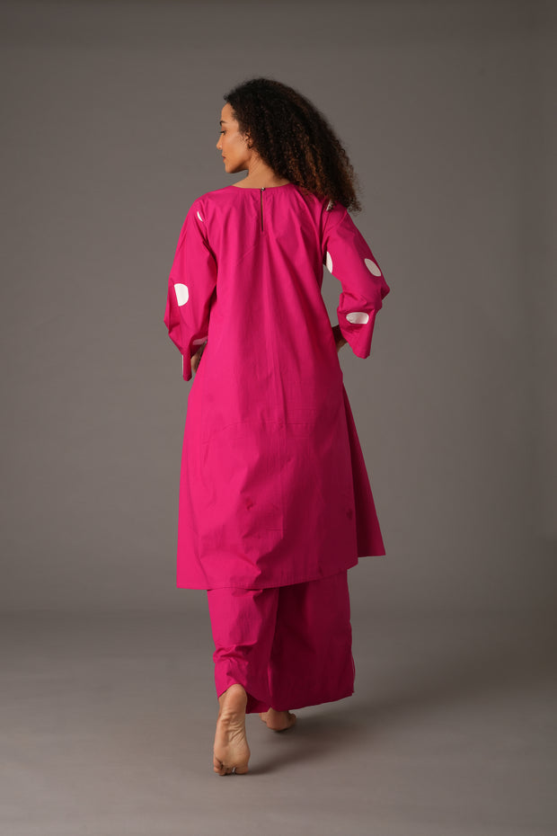 Pink Round Neck Box Pleated Dress with Pant