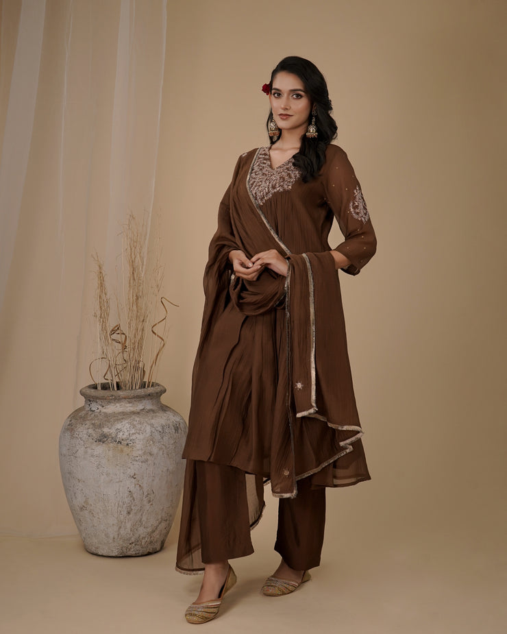 Brown Pleated Yoke Kurta set