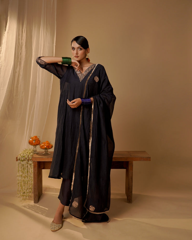 Black Pleated Yoke Kurta set