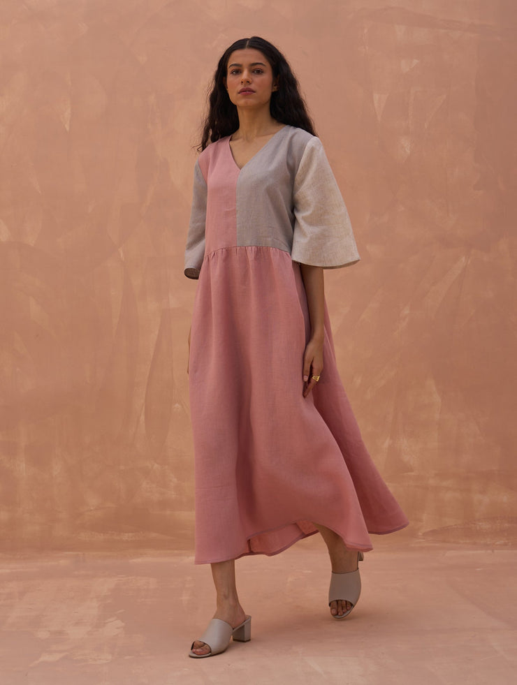 Adelina Color-Blocked Linen Dress