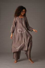 Greige Round Neck Embroidery Dress With pant & Scraff