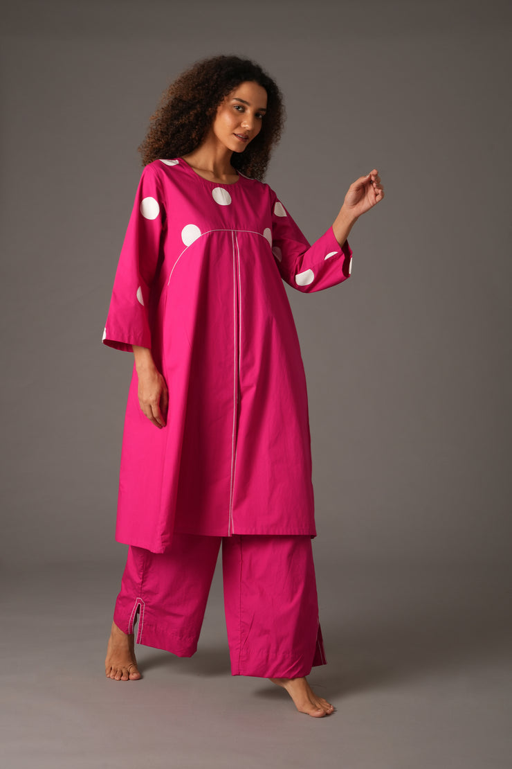 Pink Round Neck Box Pleated Dress with Pant