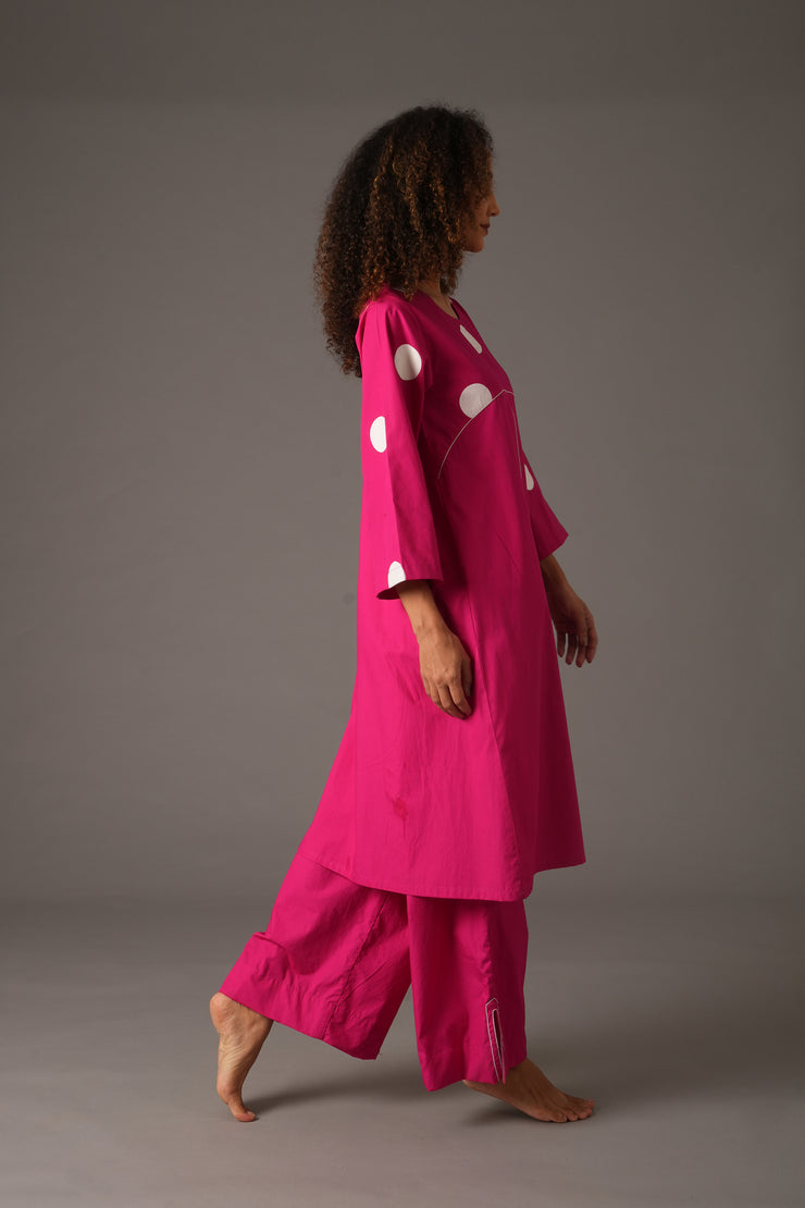 Pink Round Neck Box Pleated Dress with Pant