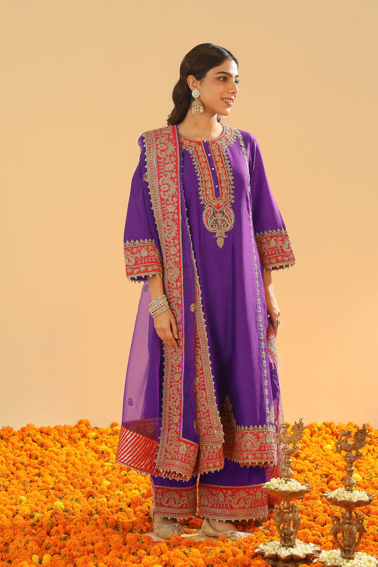 Long A-line Kurta with Palazzo and Dupatta