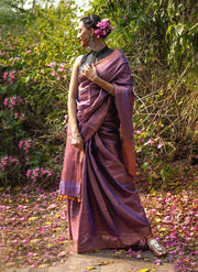 Handloom Tissue Linen Saree in Dual Shade Purple and Copper