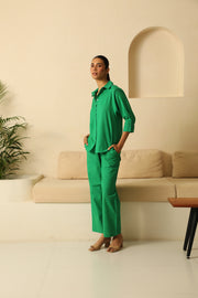 Linen Coord Set with Pants in Dark Green