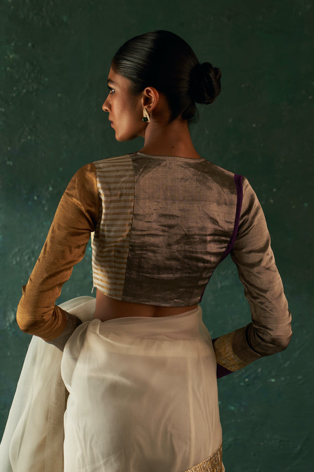 Midas Ivory Saree with Tissue Blouse & Blazer- set of 3