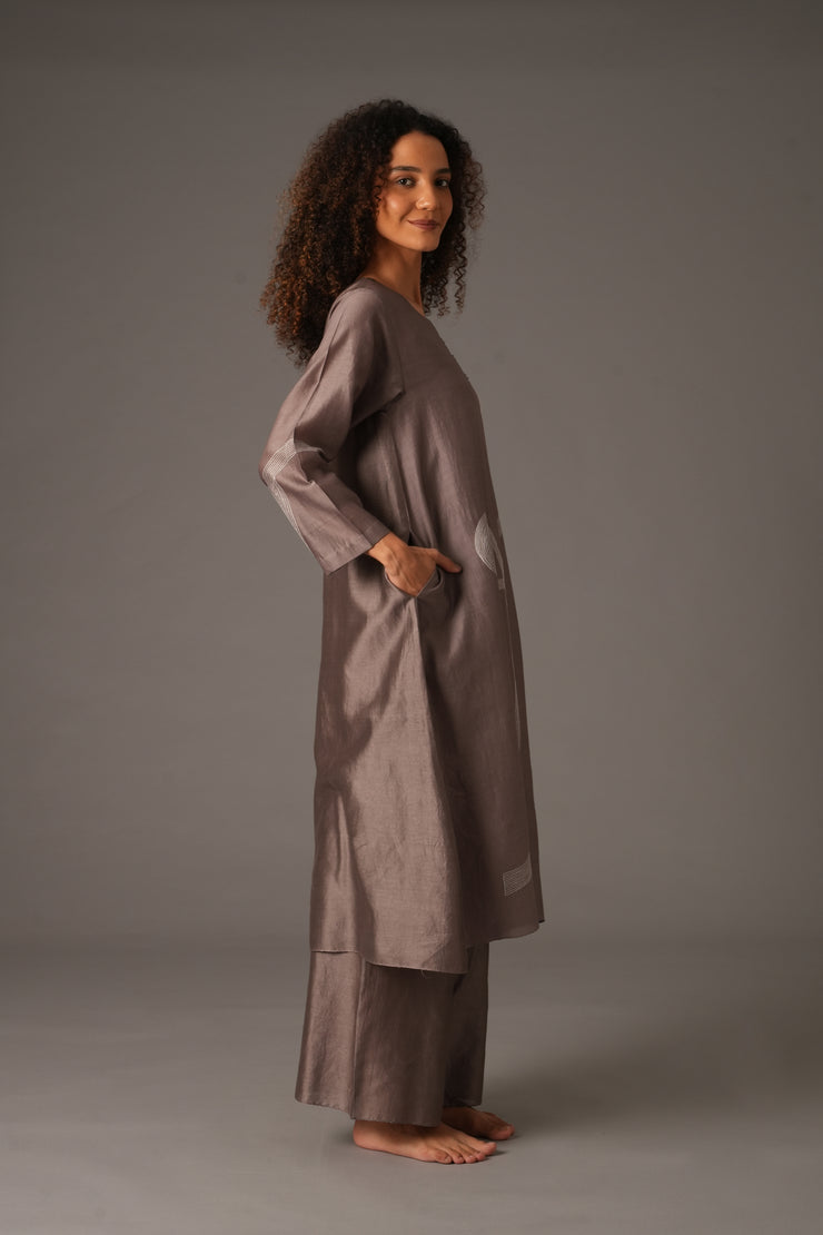 Greige Round Neck Embroidery Dress With pant