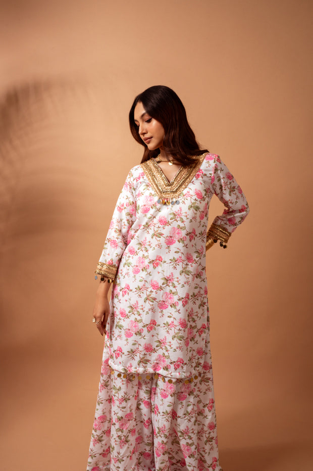 Linen digital print white kali sharara set