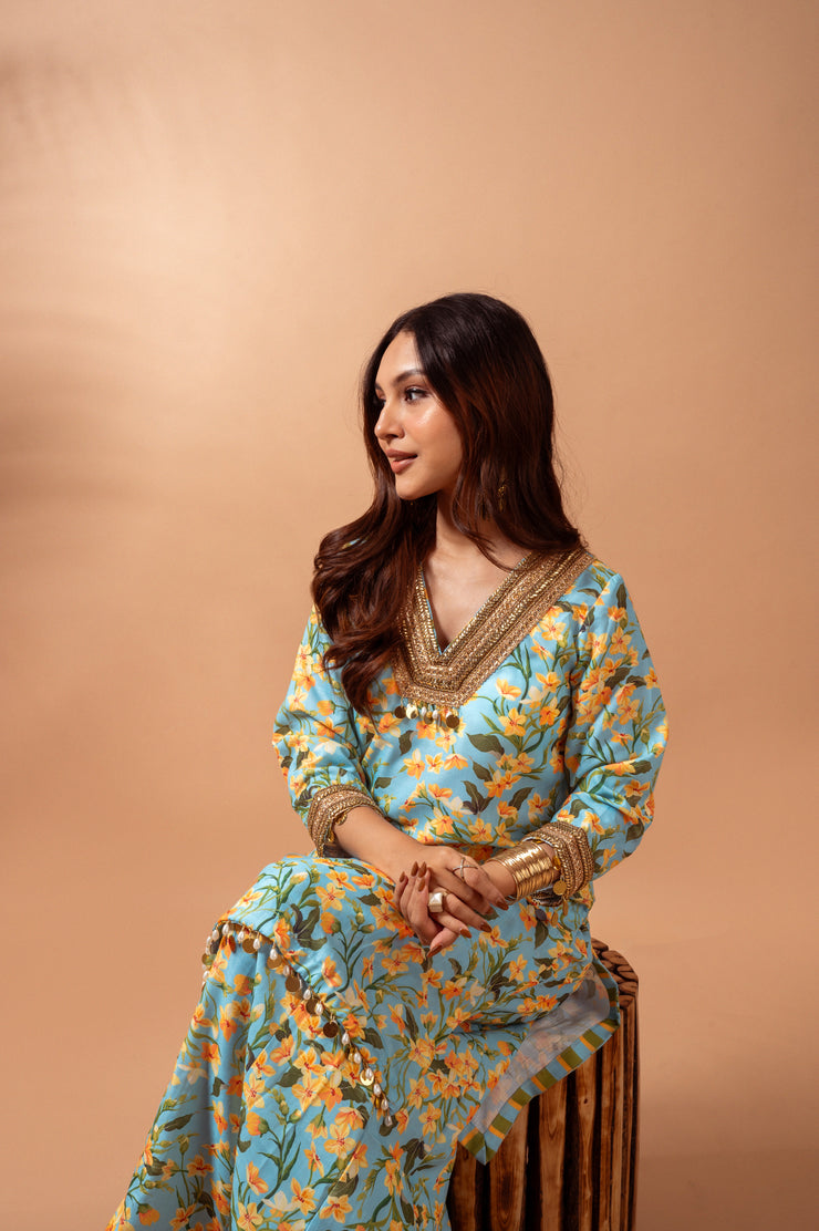 Linen digital print aqua kali sharara set