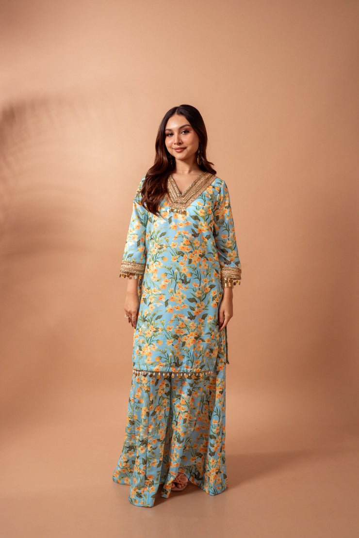 Linen digital print aqua kali sharara set