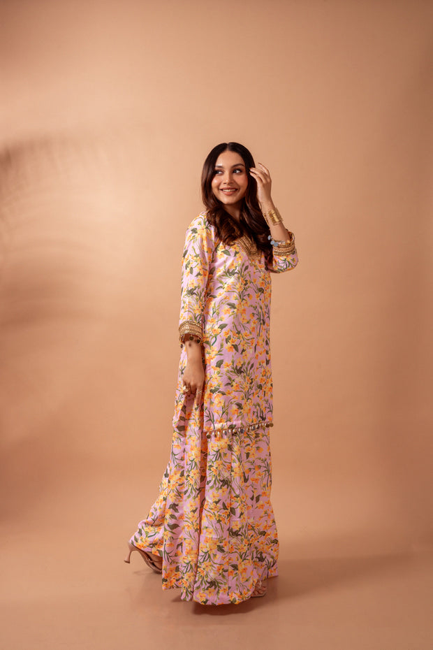 Linen digital print blush kali sharara set