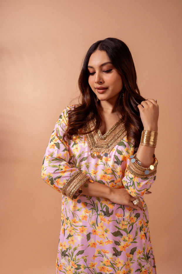 Linen digital print blush kali sharara set