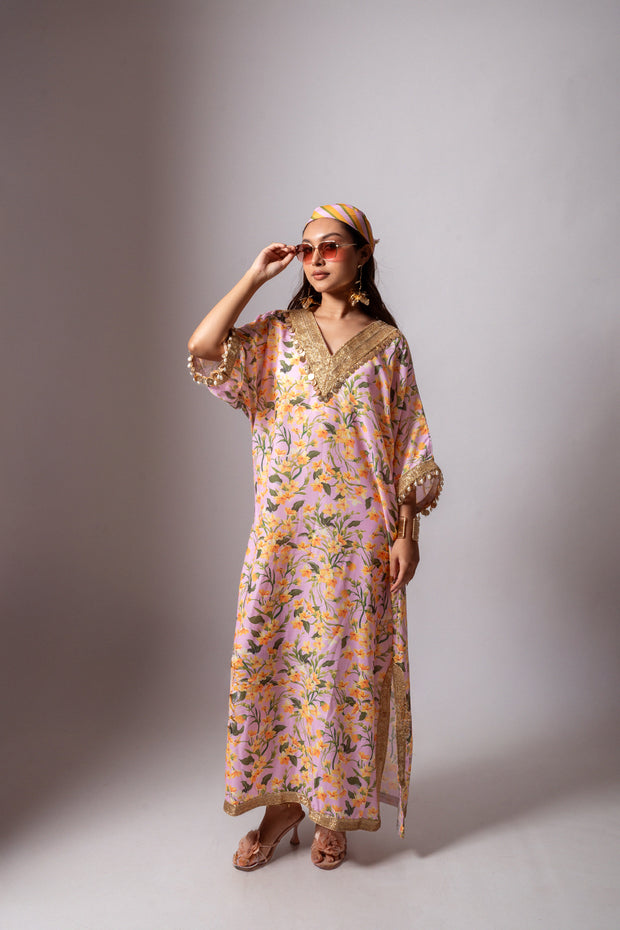 Linen digital print blush kaftan dress.