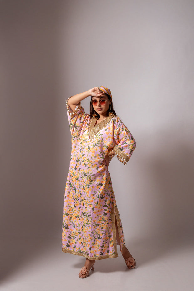 Linen digital print blush kaftan dress.